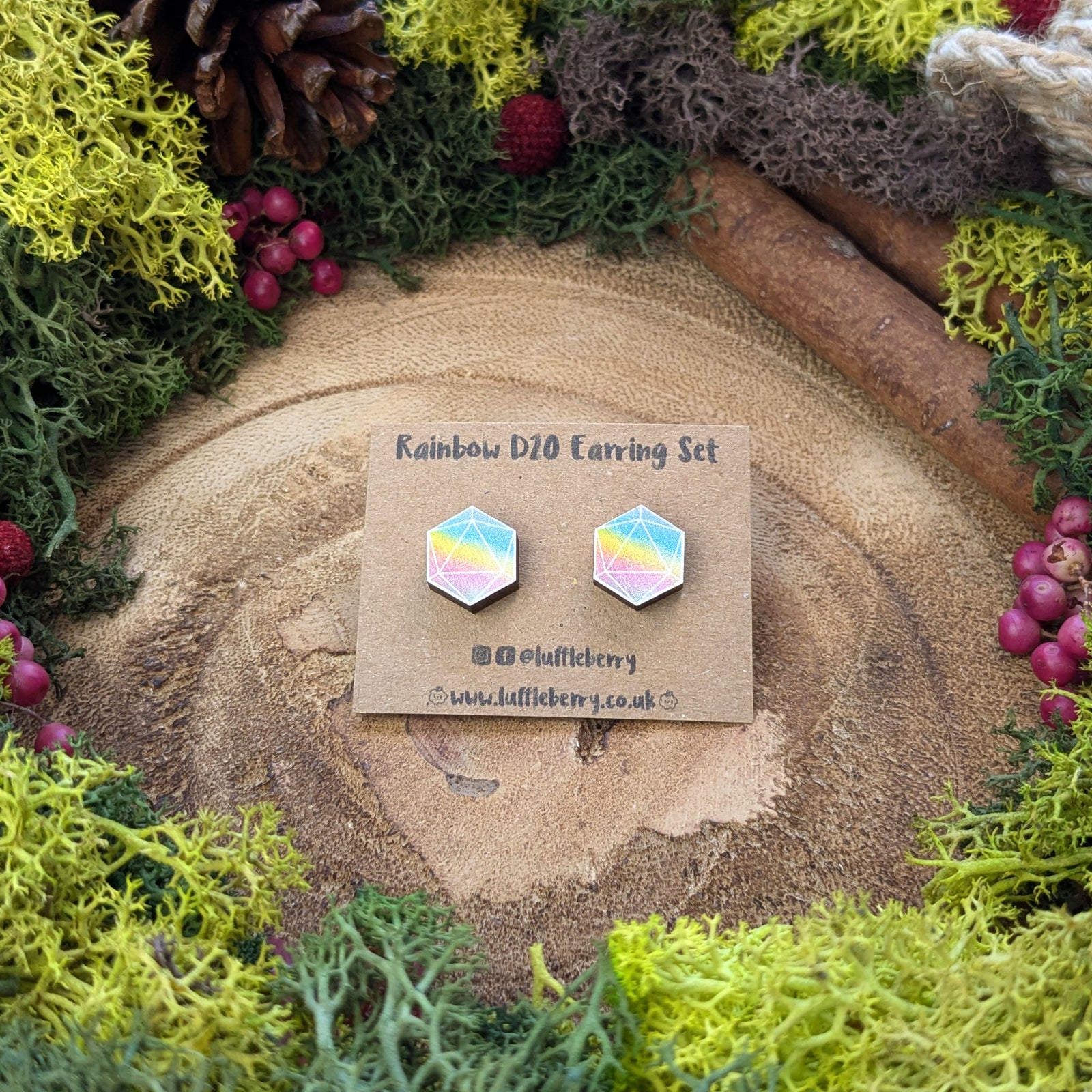 Rainbow D20 | Wooden Earrings - Earrings - Luffleberry