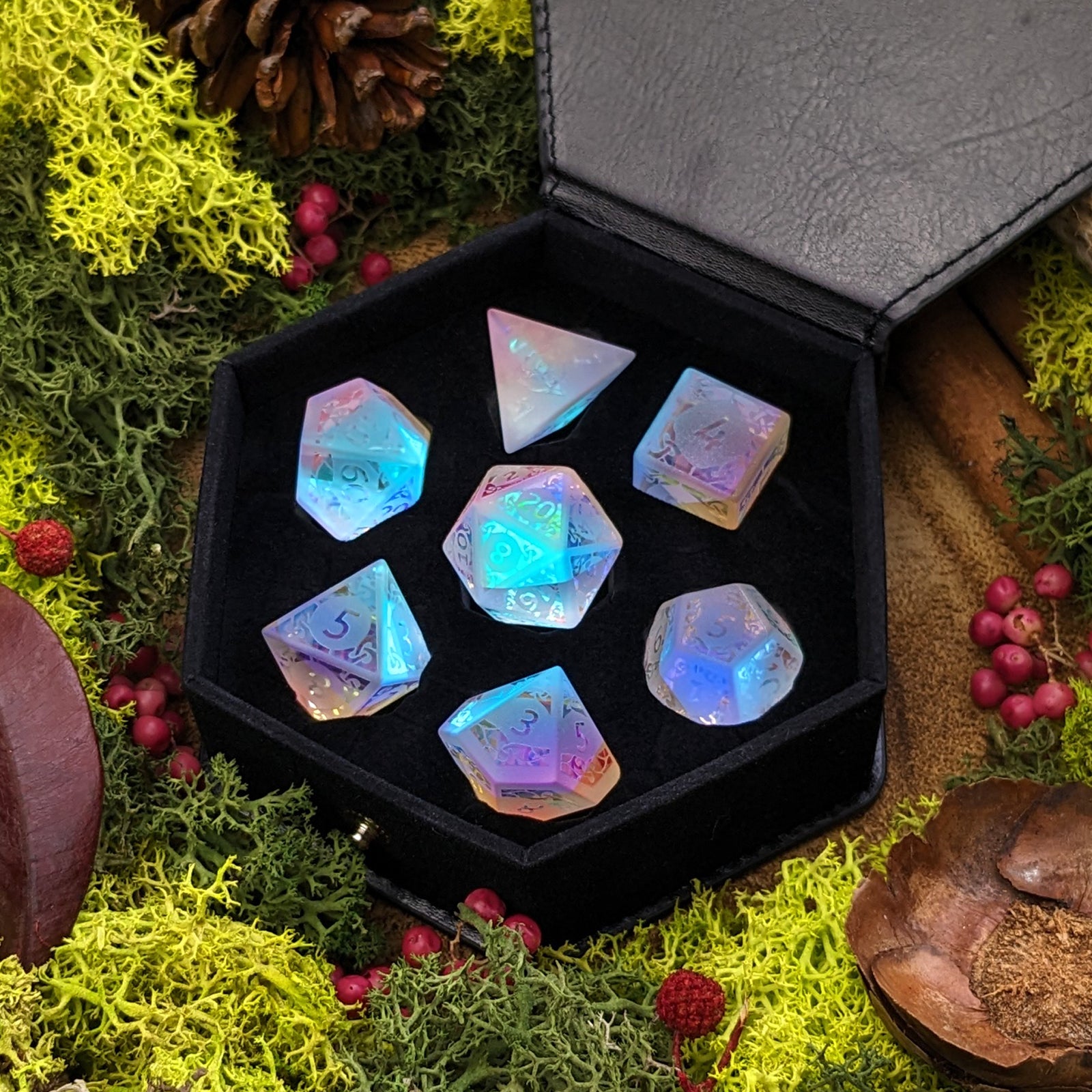 Frosted Rainbow Prism | Dichroic Glass 'B Grade' Dice Seconds - Dice Set - Luffleberry