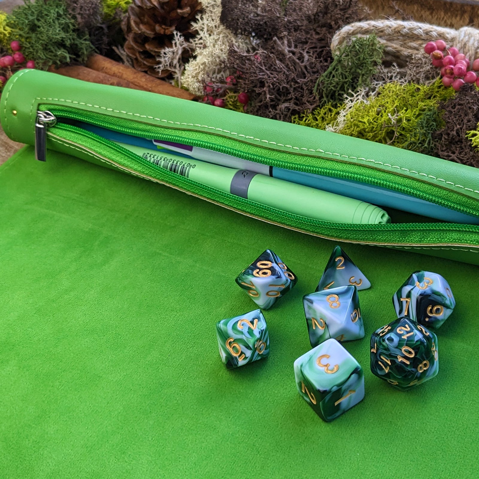 Green Roll Up Dice Mat & Storage - Dice Tray - Luffleberry