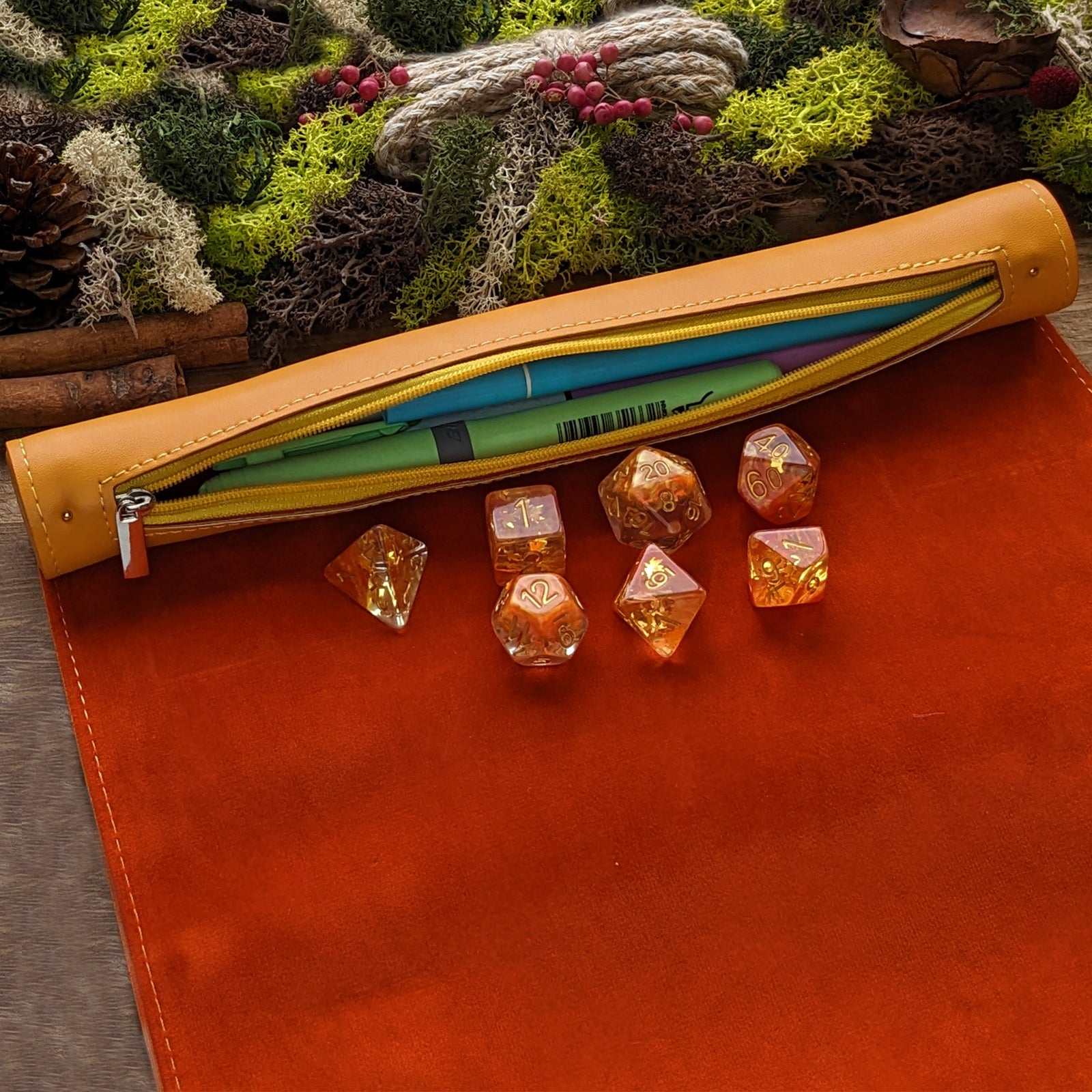 Orange Roll Up Dice Mat & Storage - Dice Tray - Luffleberry