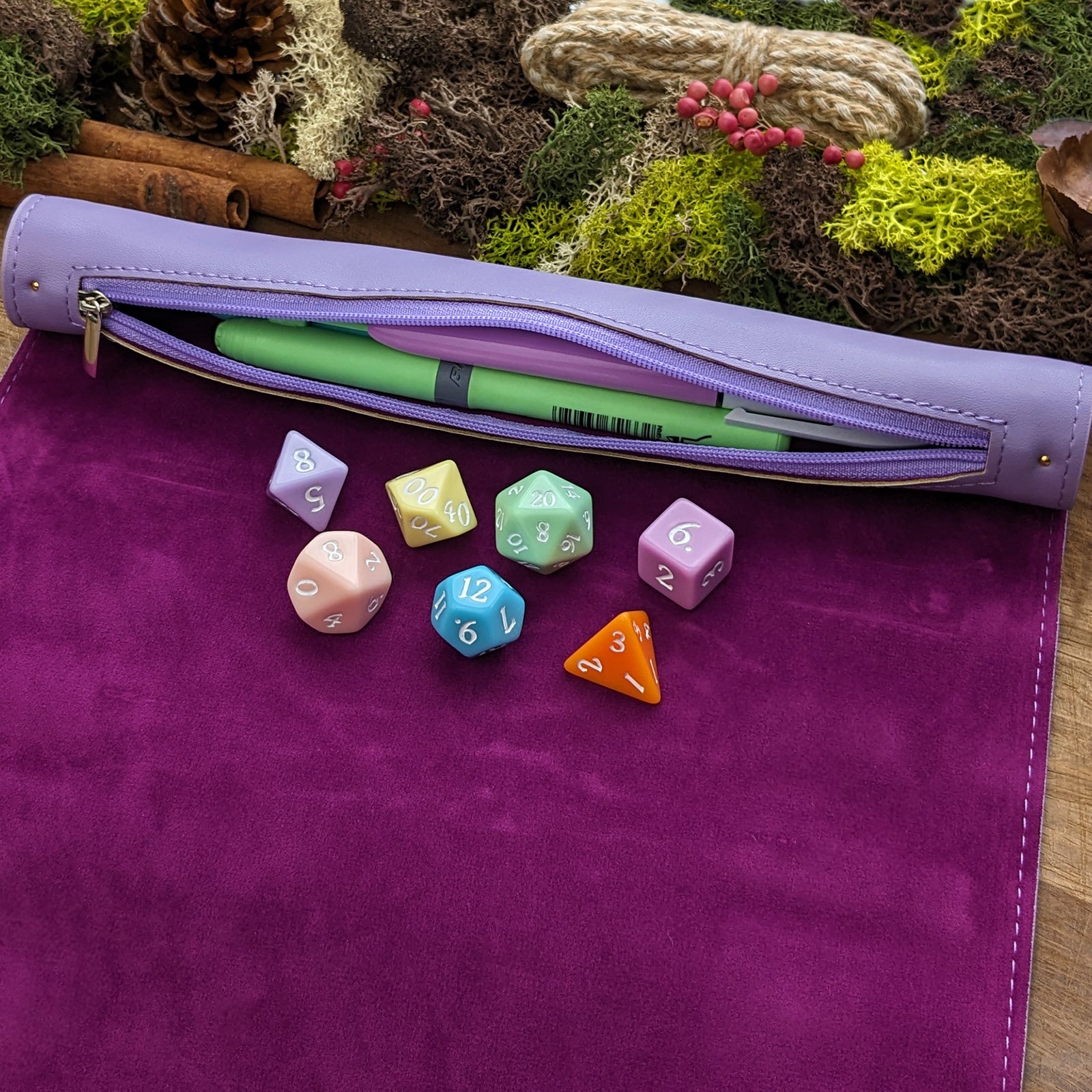 Lilac Roll Up Dice Mat & Storage - Dice Tray - Luffleberry