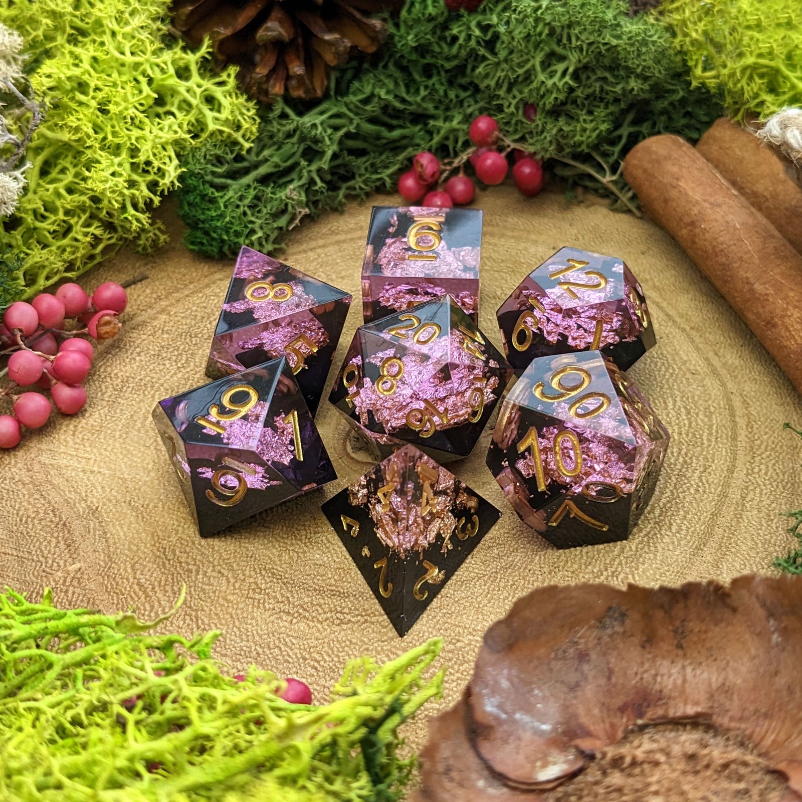 Midnight Blossom | Sharp Edge Resin Dice - Dice Set - Luffleberry