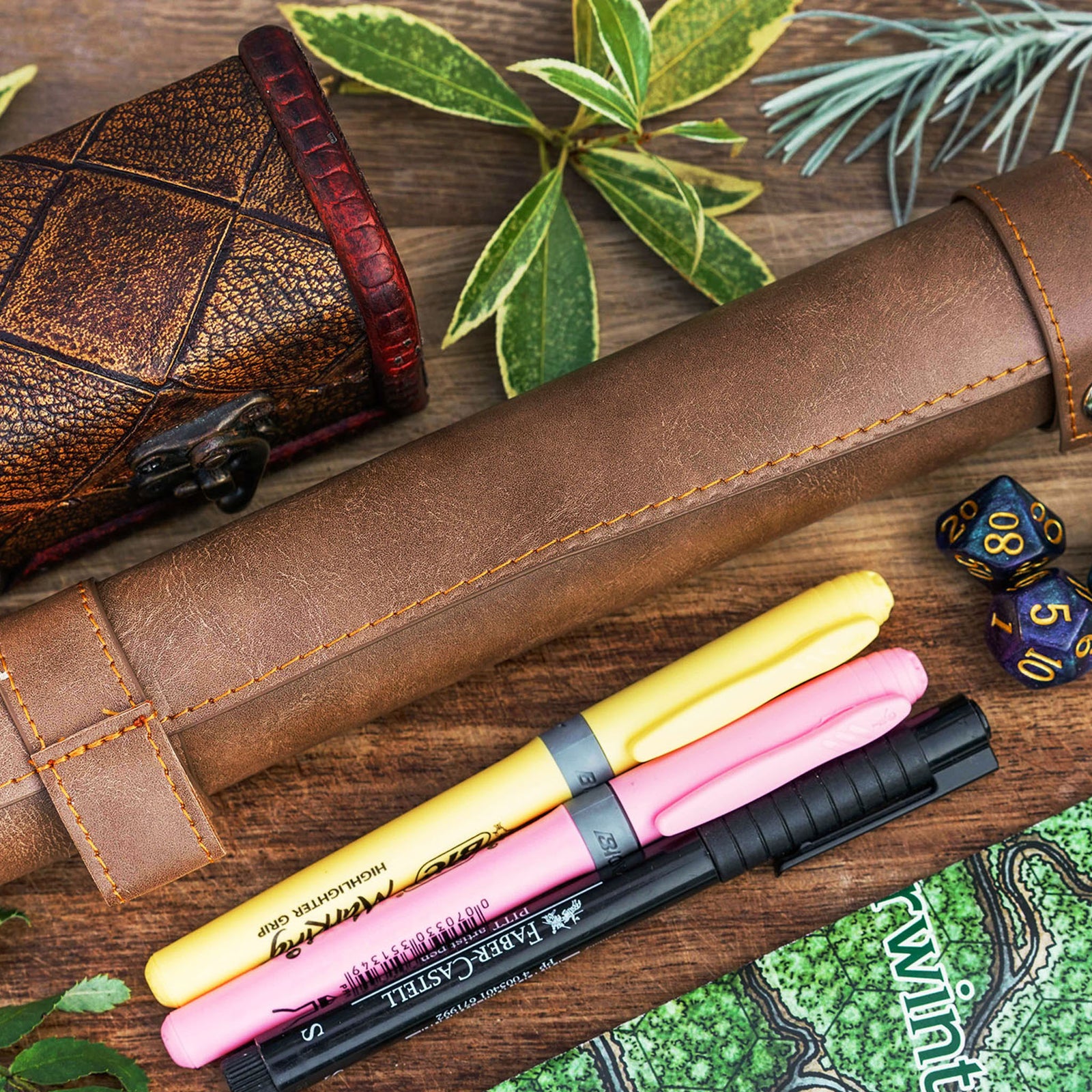 Brown Leather Roll Up Dice Mat & Storage - Dice Tray - Luffleberry